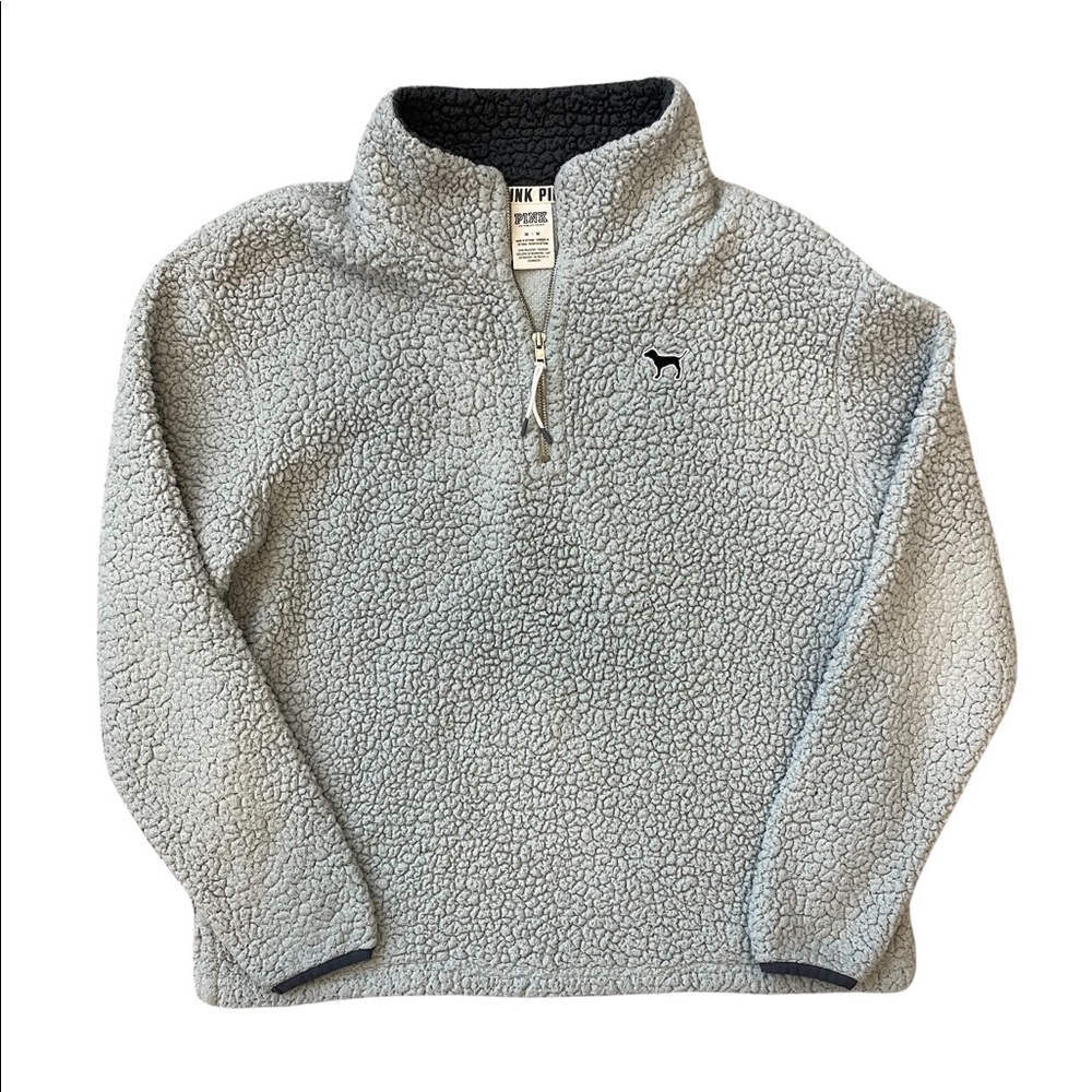 PINK Victoria’s Secret Gray Sherpa 1/4 Zip Pullover Sweater - Women’s Medium. E